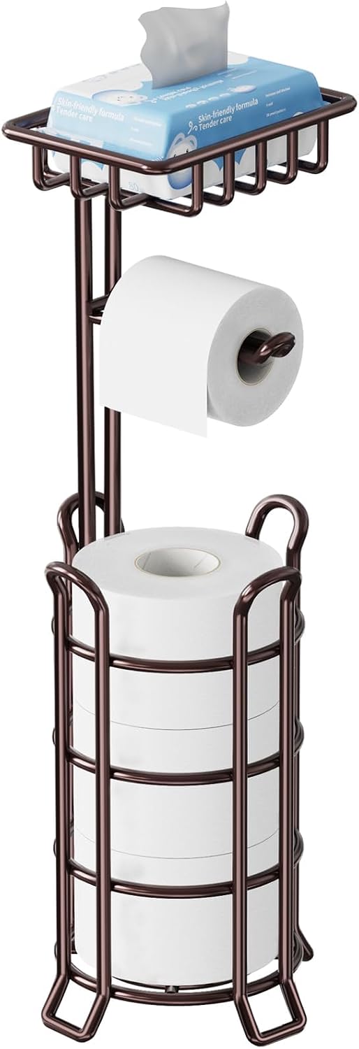 TomCare Toilet Paper Holder Free Standing with Shelf, Stable 4 Raised Feet | Stores 4 Mega Rolls, Tool-Free Assembly, Powder-Coated Metal Frame, Bathroom Storage Organizer for Spare Rolls, Silver
