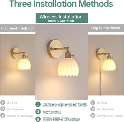 Shenmoyl Vintage Battery Operated Wall Sconce with Green Tulip Glass Lampshade Rechargeable Battery Powered Wall Light with Remote Control for Bedside Bedroom Doorway