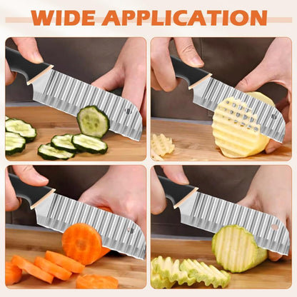 Crinkle Cutter Knife, Rubber Handle Stainless Steel Fries Cutter Slicer with Onion Holder, Vegetable Salad Chopping Knife Home Kitchen Wavy Blade Cutting Tool(Black)