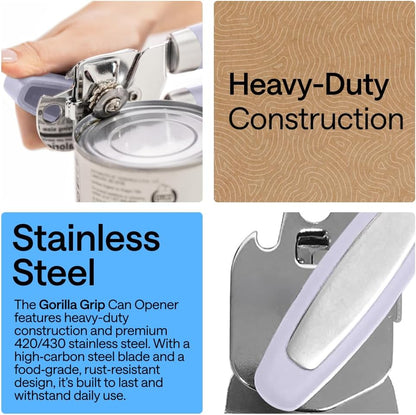 GORILLA GRIP Original Model Stainless Steel Smooth Edge Manual Can Opener and Bottle Openers, US Designed, Comfortable Handle, Oversized Handheld Turn Knob, Multifunctional Kitchen Tool, Gray