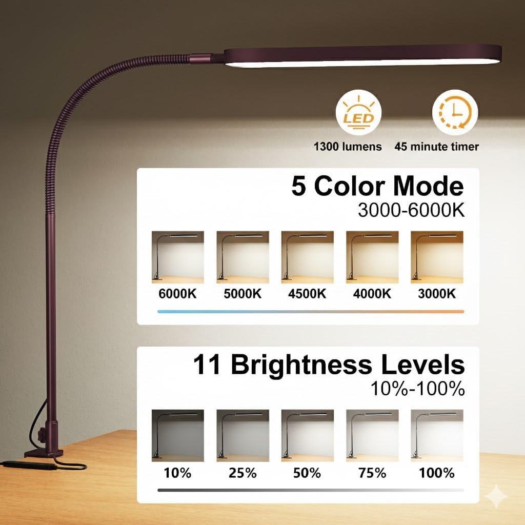 SKYLEO Desk Lamp for Home Office, Eye Comfortable LED Desk Light for Long Hours, Adjustable Swing Arm with Memory Function, Black