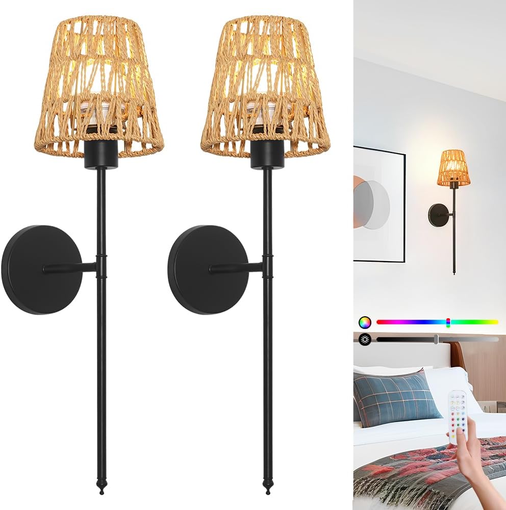 Boho Battery Operated Wall Sconces, Rattan Wall Sconce Set of 2 with Remote, RGB 15 Colors Dimmable Rechargeable Wall Light, Black Indoor Wireless Wall Lamp, Farmhouse Rattan Wall Lighting for Bedroom
