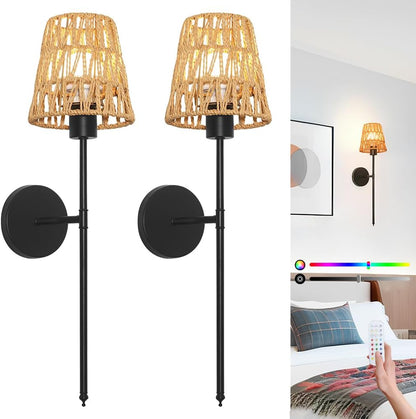 Boho Battery Operated Wall Sconces, Rattan Wall Sconce Set of 2 with Remote, RGB 15 Colors Dimmable Rechargeable Wall Light, Black Indoor Wireless Wall Lamp, Farmhouse Rattan Wall Lighting for Bedroom