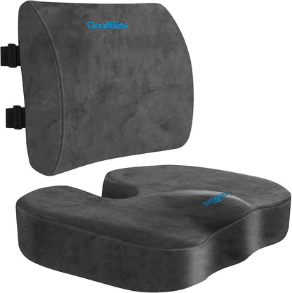 CloudBliss Lumbar Support Pillow & Seat Cushion Set for Office Chair, Desk Chair, Wheelchair & Car – Memory Foam Back Support, Ergonomic Chair Cushions, Sciatica Pain Relief, Home Essentials, Black