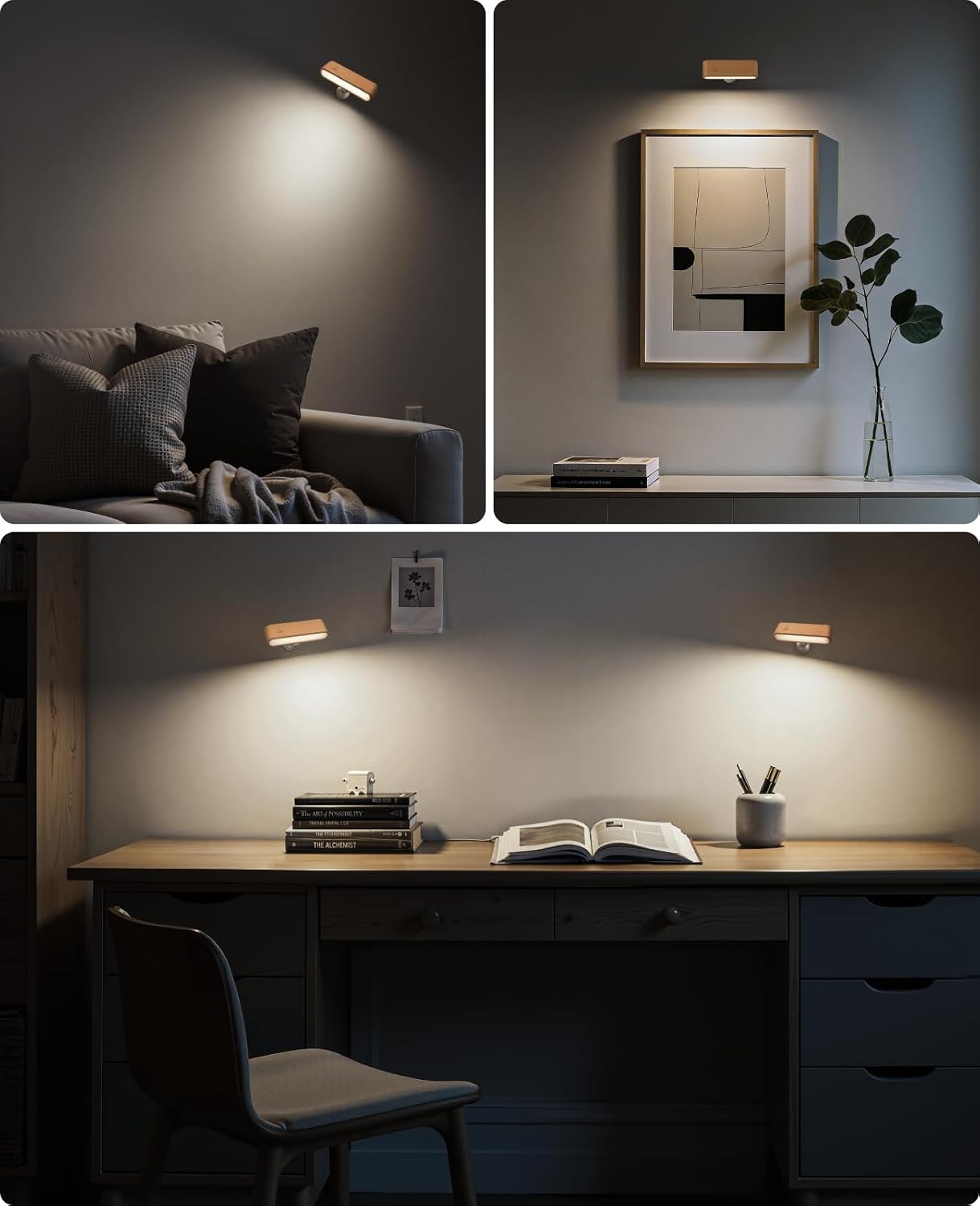 Rechargeable Wall Sconce, Reading Light for Bed, Magnetic Wood Lamp | Set of 2, Black Walnut, Touch Control, Adjustable Brightness, 4000K Nautral Light for Reading, Headboard Light, 360° Rotation