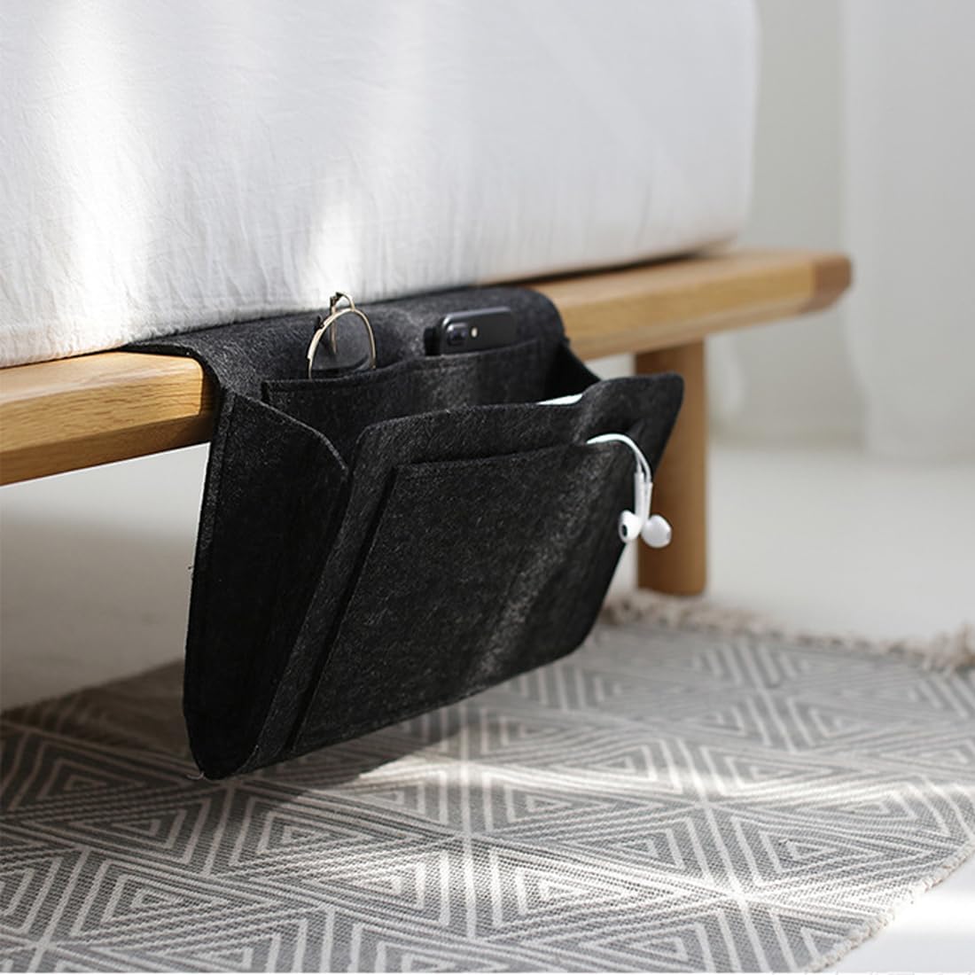 Bringsine 5 Pockets Bedside Caddy, Felt Bed Storage Organizer Hanging Bag Holder for Magazine Book Phone Tablet iPad Cables Remote and Glasses Holder Home Dorm Bed Sofa-Black