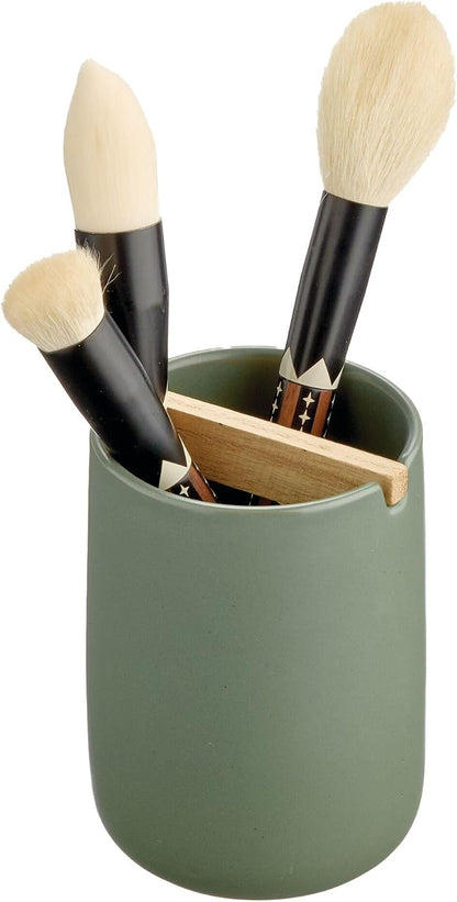 iDesign Ceramic Earth Collection Toothbrush Holder, Moss/Natural Wood | Paulownia Wood Divider