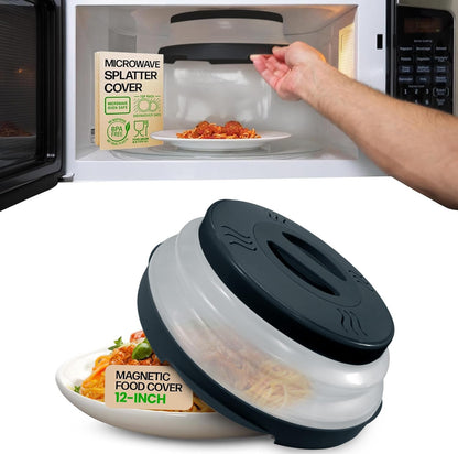 HOVER COVER Magnetic Microwave Splatter Cover - 12-Inch Collapsible - Gray | High Power, Stronger Magnetic Grip, BPA-Free Lid, Vented Plate Guard with Steam Vents, Dishwasher Safe, Space-Saving Storage