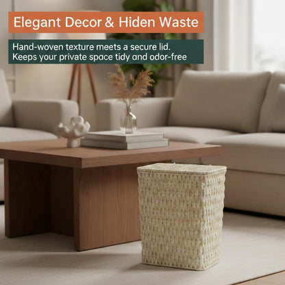 Coeusy 3 Gallon Wicker Trash Can,Small Bathroom Trash Can with Lid,Natural Water Hyacinth Wicker Waste Basket for Bedroom,Toilet,Narrow Garbage Can with Removable Liner