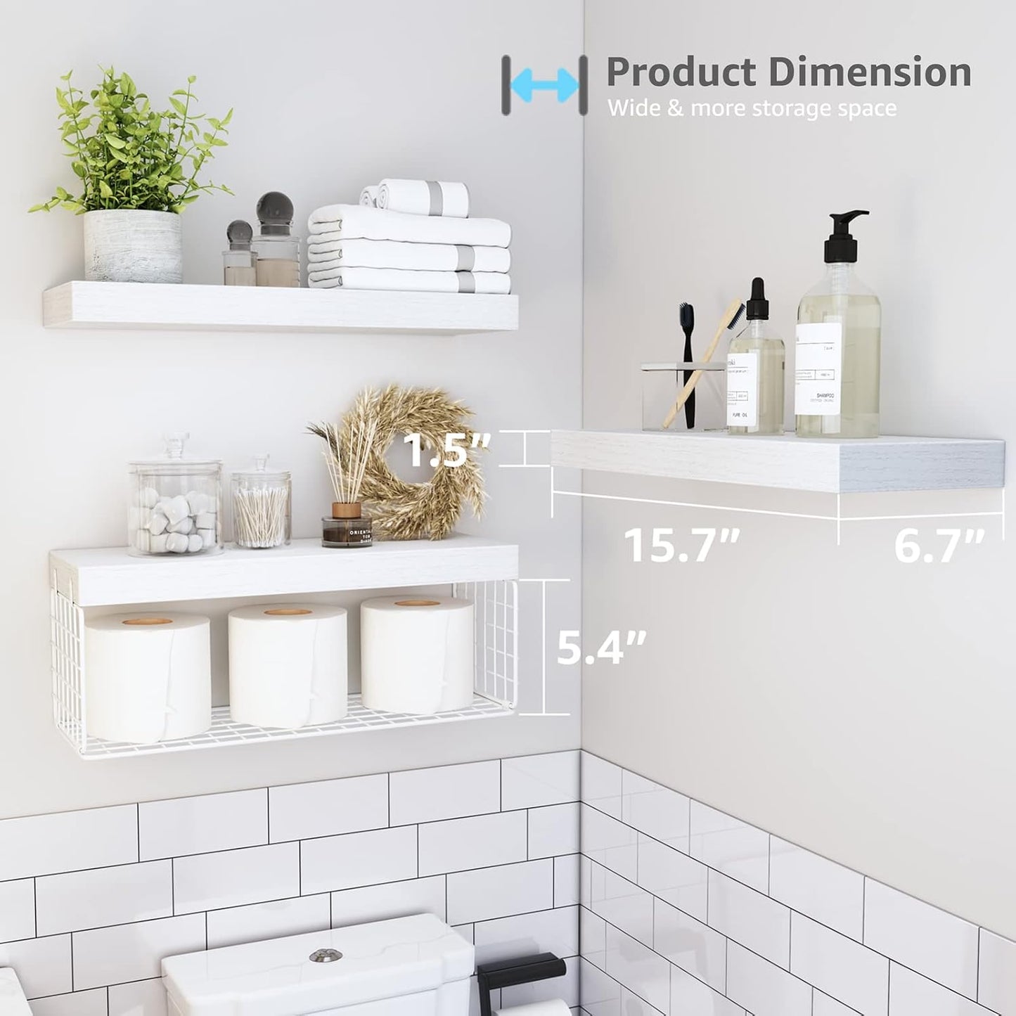 QEEIG Bathroom Shelves Over Toilet - Wall Mounted Floating Shelves Toilet Paper Storage Small Farmhouse Decor Shelf 16 inch Set of 3, Rustic Brown (019-BN3)
