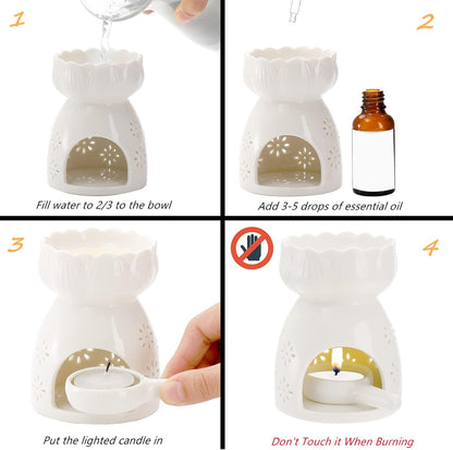 Lyellfe 3 Pack Ceramic Tealight Candle Holder with Spoon | White Carved Essential Oil Burner, Wax Warmer Aroma Diffuser for Birthday Valentines Mothers Day Gift Home Decor