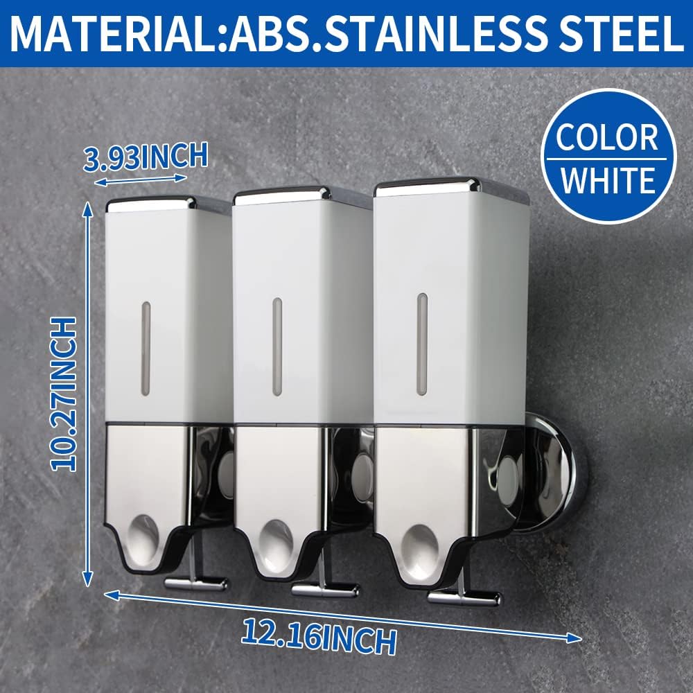 3 in 1 Chamber Wall Mounted Shampoo and Conditioner Dispenser (Silver) | No Drill Shower Soap Dispenser for Bathroom & Hotel Leak-Proof Pumps, Easy Installation and Large Capacity