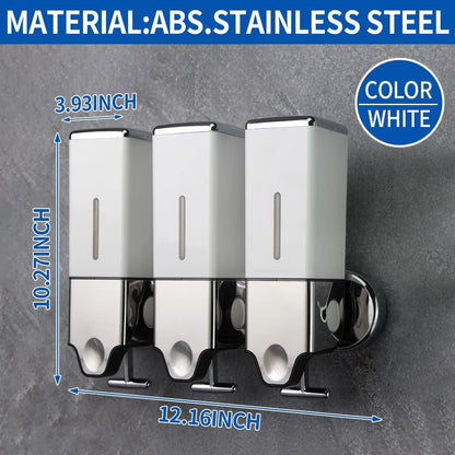 3 in 1 Chamber Wall Mounted Shampoo and Conditioner Dispenser (Silver) | No Drill Shower Soap Dispenser for Bathroom & Hotel Leak-Proof Pumps, Easy Installation and Large Capacity