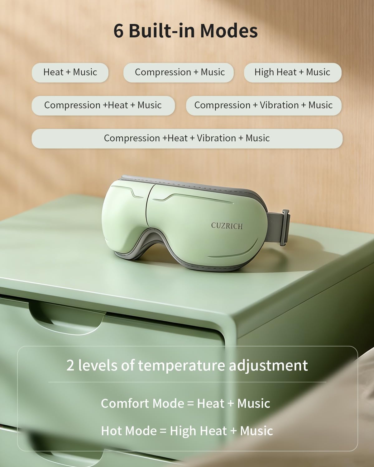 Eye Massager with Heat and Compression - Avocado Green Heated Eye Mask with Vibration, Bluetooth Music, 6 Modes, Rechargeable 1200mAh Battery for Eye Strain, Dry Eyes, Migraines Relief