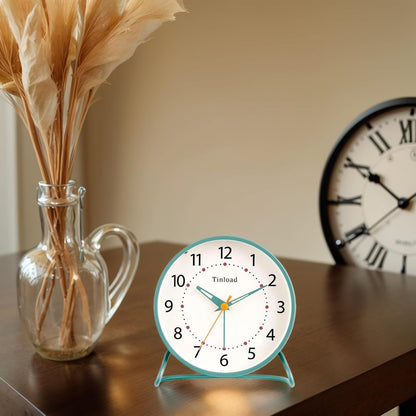 Tinload 4.5" Battery Operated Analog Alarm Clock, Small Silent Bedside Desk Clock with Night Light, Blue