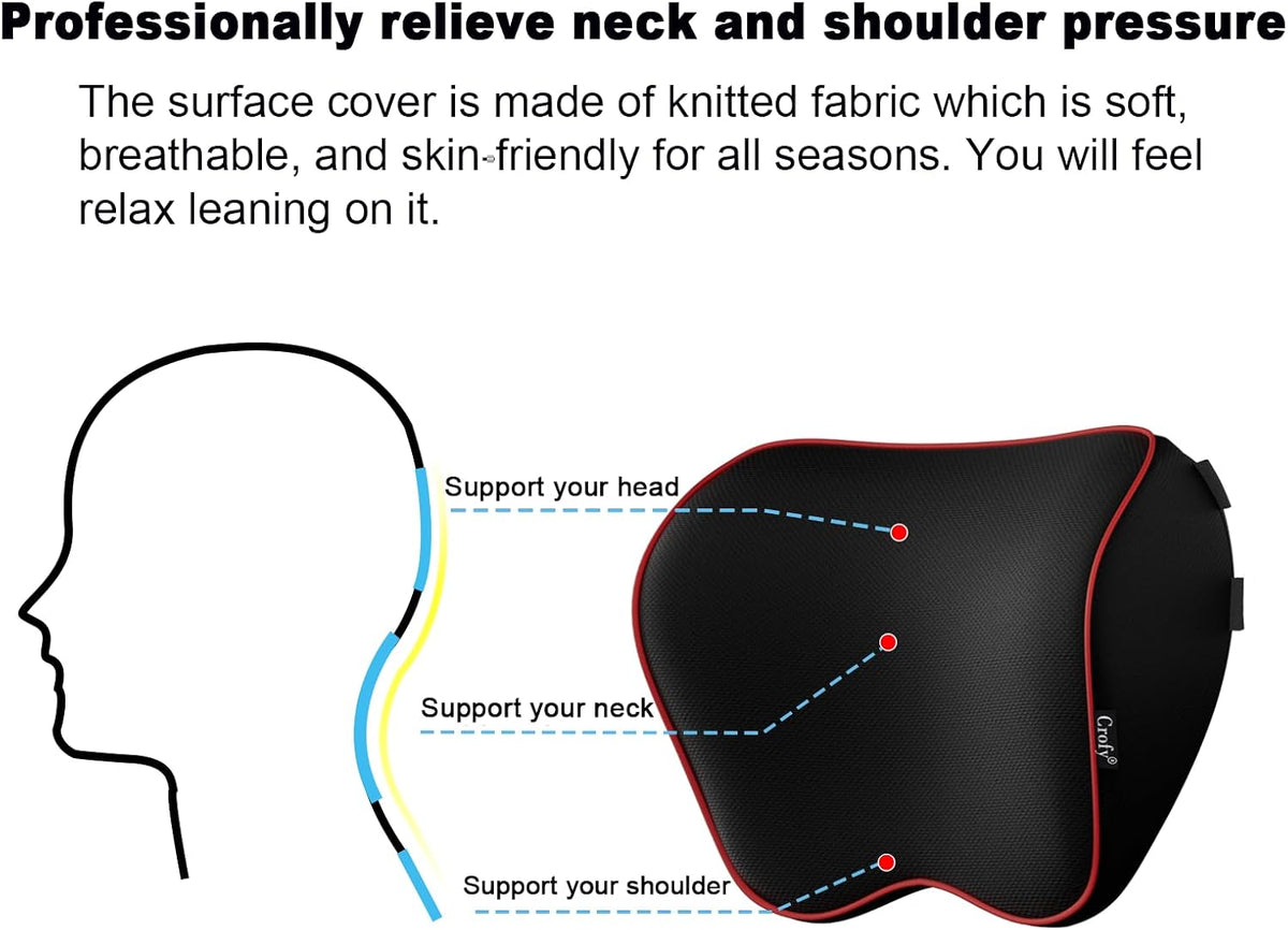 Crofy 2-Pack Car Neck Pillow, Headrest Pillow with Adjustable Strap, Black