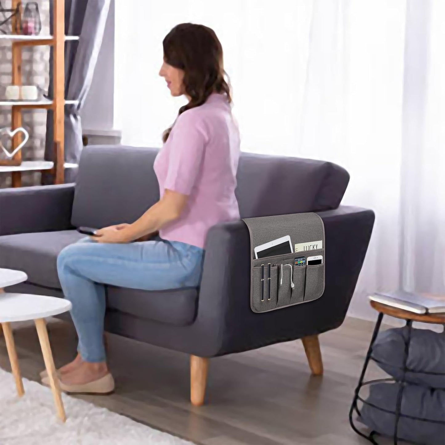 Remote Control Holders for Armchairs, Couch Caddy, Featuring Non-Slip Bases | 5 Pockets Bedside Storage Pocket for TV Remote Holder, Phone Tablet Kindle, Magazines, Gifts for Seniors (Beige, 35"X12.4")