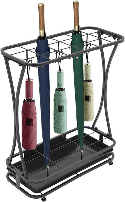 Metal Umbrella Holder 18 Slots with 10 Hooks, Umbrella Stand for Entryway | For Home Office Lobby Entryway; Heavy Duty Iron, Removable Drip Tray, Holds Long/Short Umbrellas