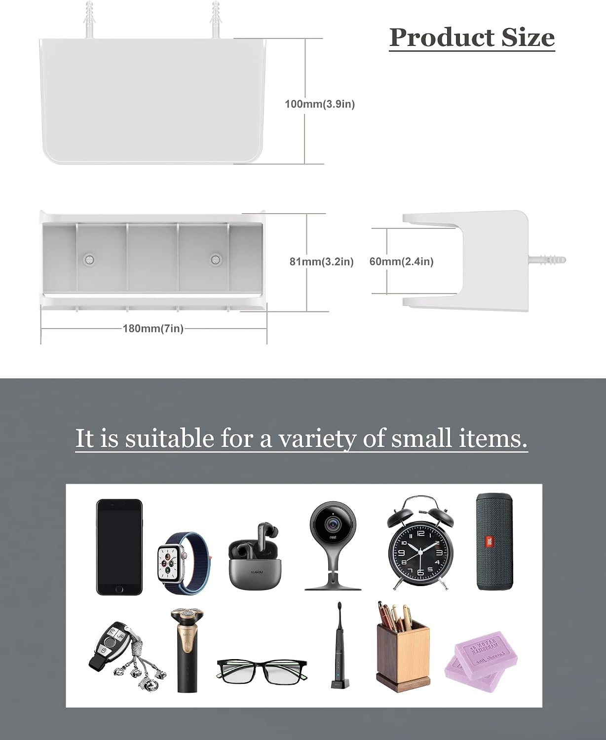 Bedside Wall Shelf Organizer, Small Bedside Shelf, (Black) | Wall Mount for Bed, Stick on Wall Shelf, Double Tray Holder for Storing Cellphone, Glasses, Keys, Camera , Alarm Clock