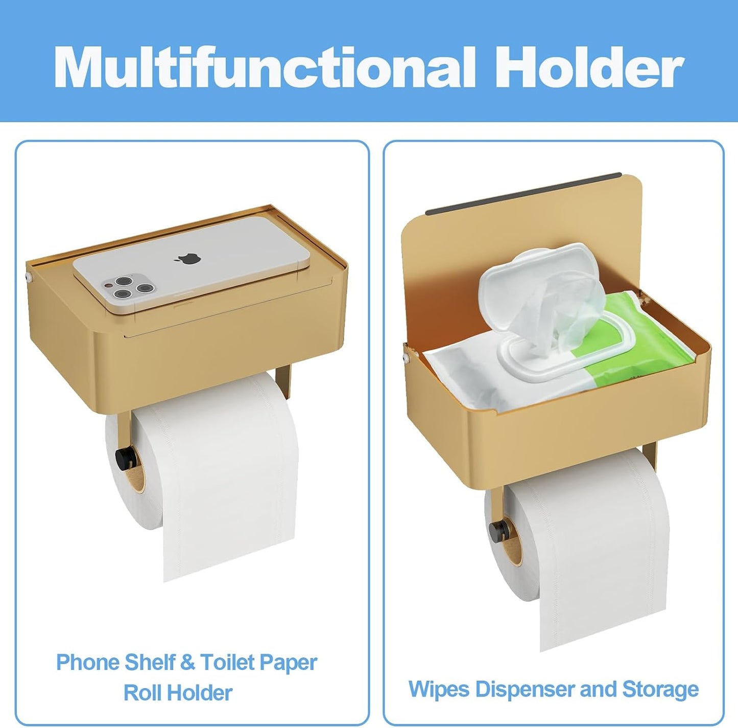 JUYSON Toilet Paper Holder with Shelf, Flushable Wipes Dispenser Fits for Bathroom Wipe Storage, Keep Your Wipes Hidden Out of Sight - SUS304 Stainless Steel Wall Mount Organizer (Matte Black)