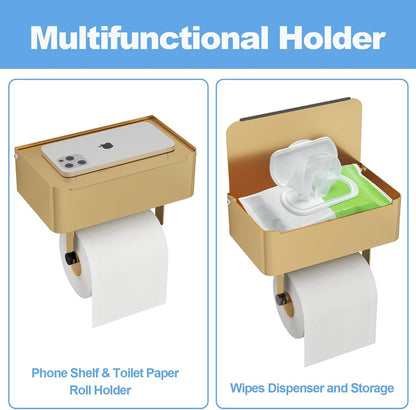 JUYSON Toilet Paper Holder with Shelf, Flushable Wipes Dispenser Fits for Bathroom Wipe Storage, Keep Your Wipes Hidden Out of Sight - SUS304 Stainless Steel Wall Mount Organizer (Matte Black)