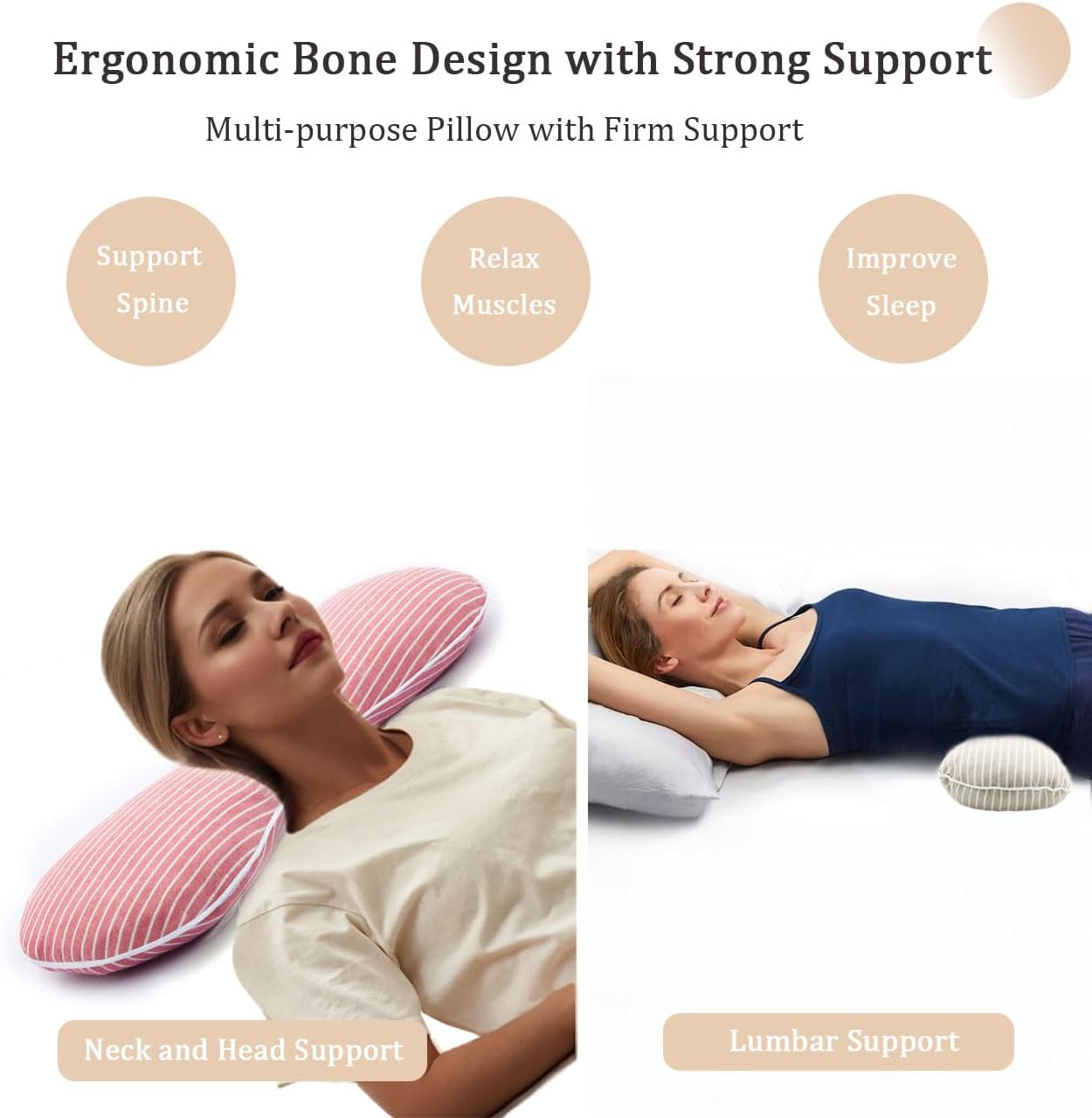 Buckwheat Pillow Cervical Neck Pillow, Buckwheat Hulls Filling Cooling Lumbar Support Pillow, Adjustable Firmness Ergonomic Design with Washable Cover, Blue 19"X7"