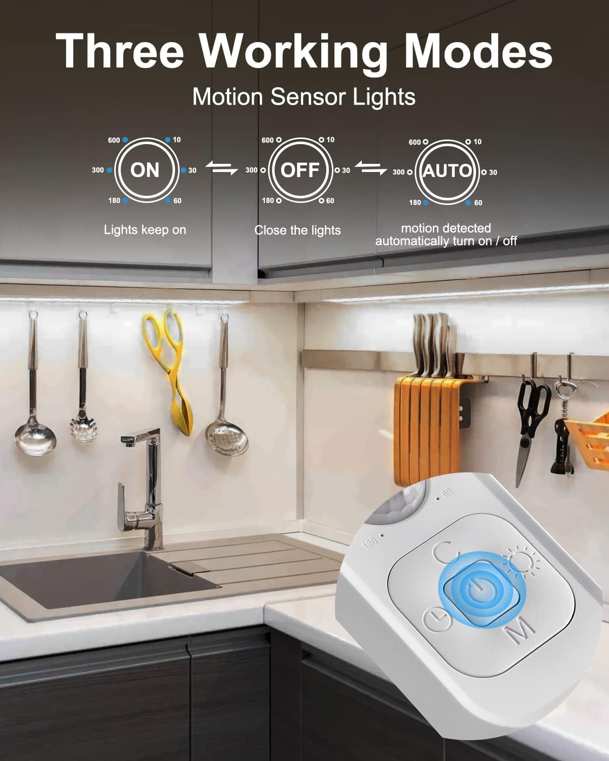 Motion Sensor Led Light Strip - Under Cabinet Lighting with Power Adapter, 6 Adjustable Brightness and Timing, Light Strips for Kitchen Cabinets, Stair, Showcase, Bedroom, 16.4ft 6000K ColdWhite