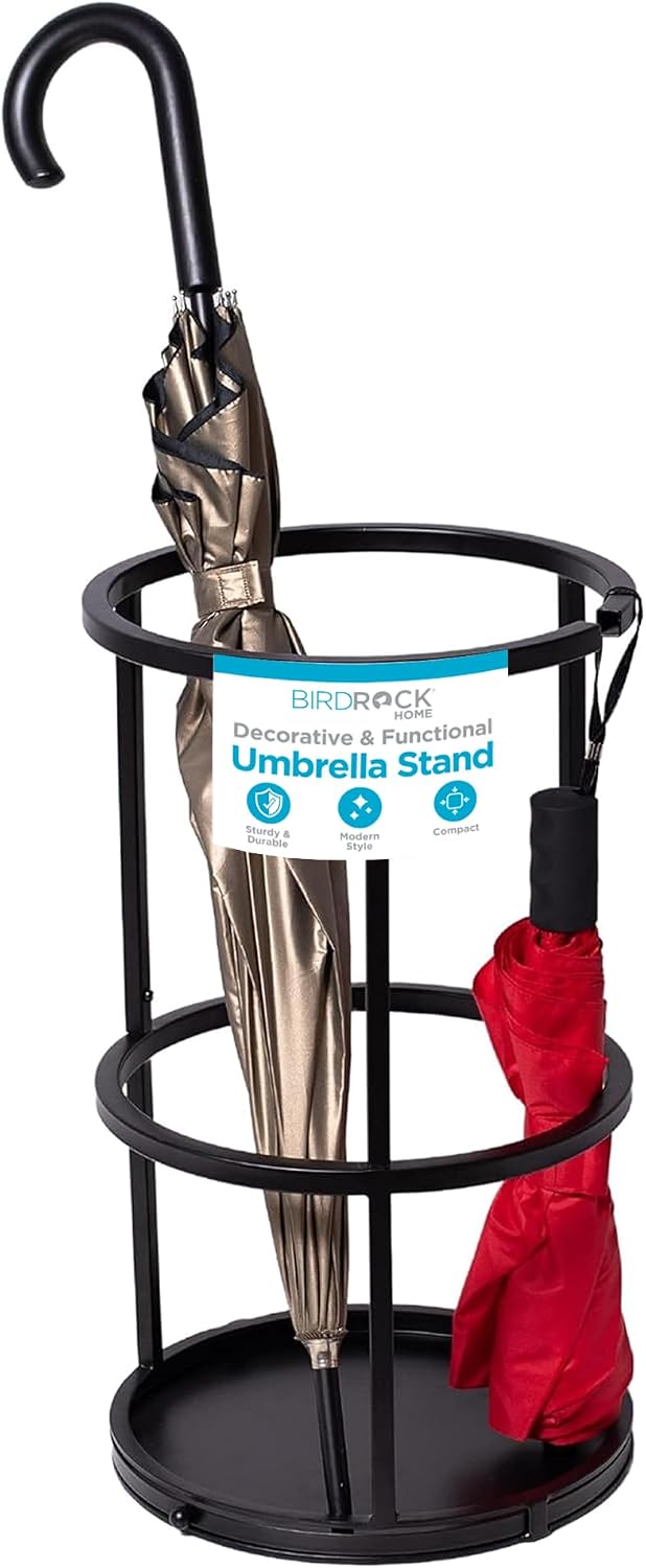 BIRDROCK HOME Decorative Umbrella Stand with Removable Water Tray - Large Freestanding Umbrella Rack and Cane Walking Stick Organizer - Metal Umbrella Holder for Entryway & Indoor Use - Black, Striped | Decorative Large Freestanding Rack and Cane Walking
