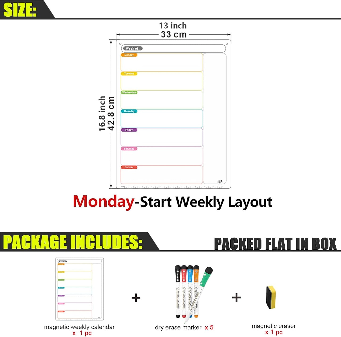 Magnetic Calendar for Fridge, Dry Erase Weekly Planner, 13" x 16.9" | Strong Magnetic Hold, Vertical Weekly Layout, Large Daily Spaces, Easy to Clean, Color-Coded, Dual-Magnet Markers & Eraser
