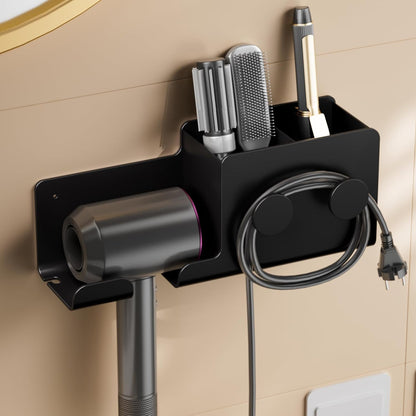 FEZHI Hair Dryer Holder,3-in-1 Hair Tool Organizer Heightened design with Plug&Cord Winding,Blow Dryer Holder Wall Mounted/Cabinet Door for Flat/Curling Irons Hair Straighteners (Black)