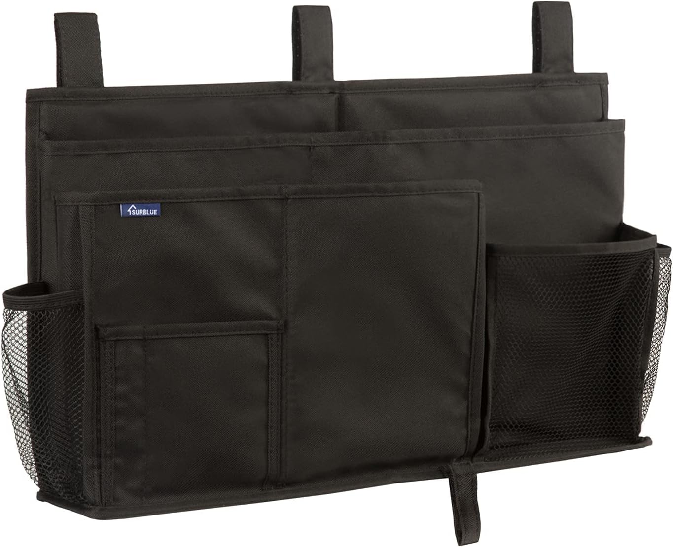 Surblue Bedside Caddy Hanging Organizer Storage Bag Pocket for Bunk, Hospital, College Dorm Rooms, Baby Bed Rails, Camp - 4 Pockets, 2 Hooks (Blue)