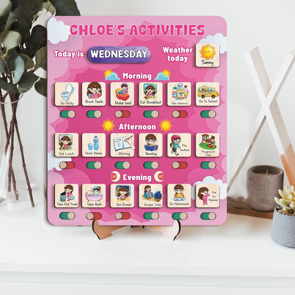 Daily Routine Chart for Kids, Visual Schedule, Routine Chart for Toddlers 3-5, Morning Bedtime Routine Chart for Toddlers, Wooden Chore Chart for Kids