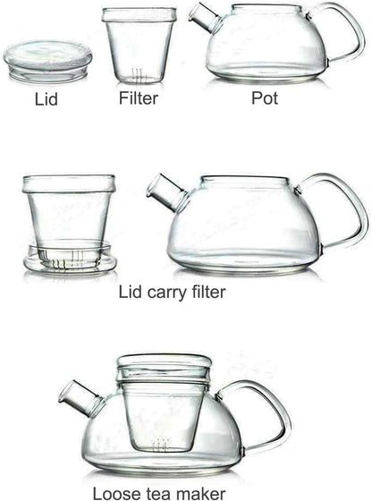 Glass Filtering Tea Maker Teapot with a Warmer and 6 Double-walled Tea Cups Set (Heating base, Standard)
