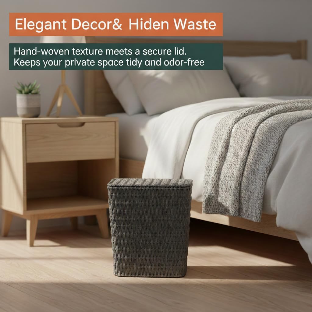 Coeusy 3 Gallon Wicker Trash Can,Small Bathroom Trash Can with Lid,Natural Water Hyacinth Wicker Waste Basket for Bedroom,Toilet,Narrow Garbage Can with Removable Liner