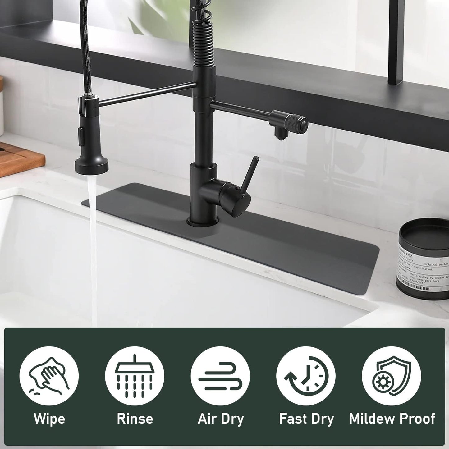 LOPNUR Cuttable Faucet Mat for Kitchen Sink, Extra Long 29 Inch, Black | Super Absorbent & Fast Dry Diatomite Sink Splash Guard, 0.8-2.4 Inch Adjustable Faucet Hole, Cut to Fit Bathroom & RV Sinks