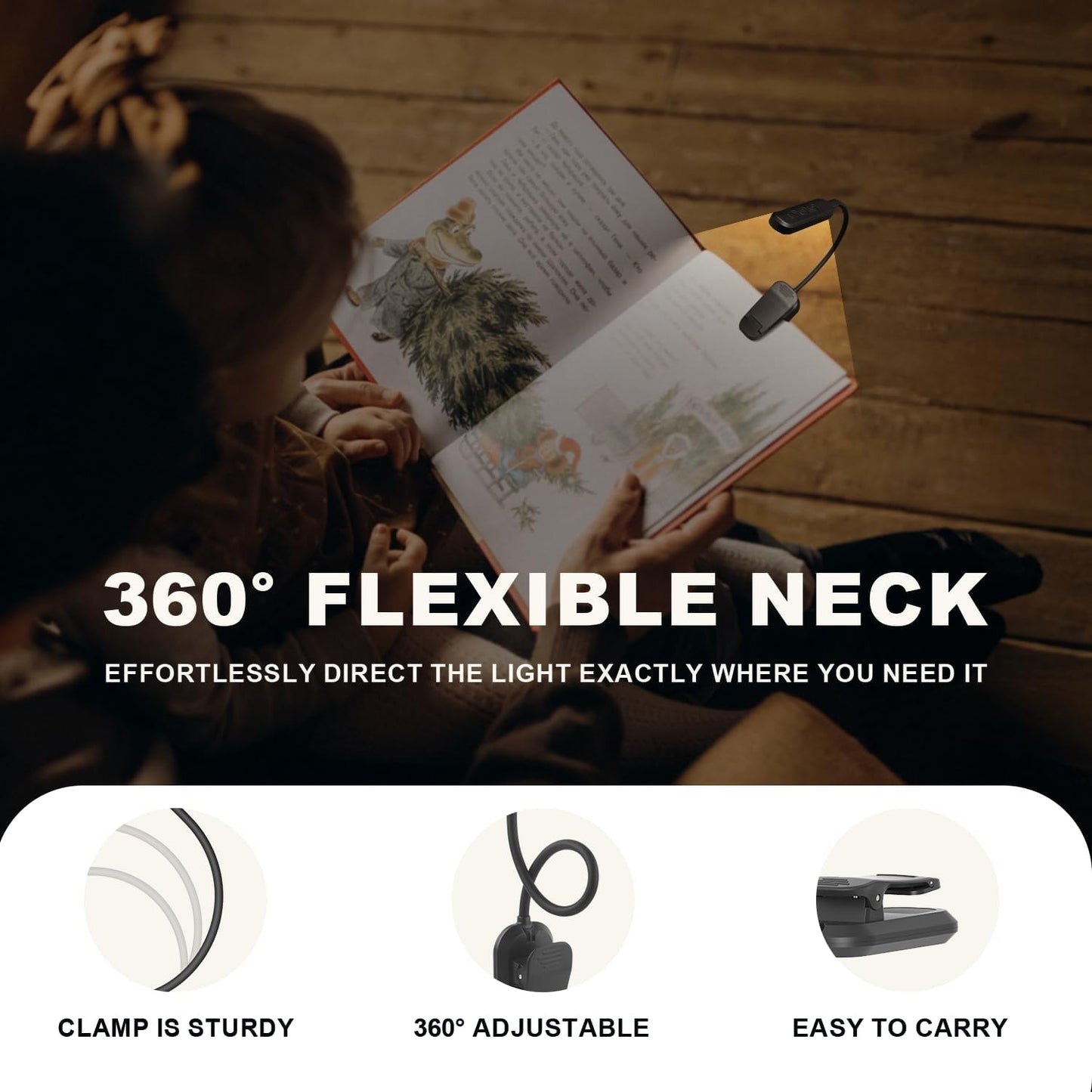 Rechargeable Book Light for Reading in Bed 25 LED - Eye Caring 15 Level Stepless Dimming, Extended 90Hrs Runtime, Lightweight Clip on Light, Gifts for Book Lovers, Black