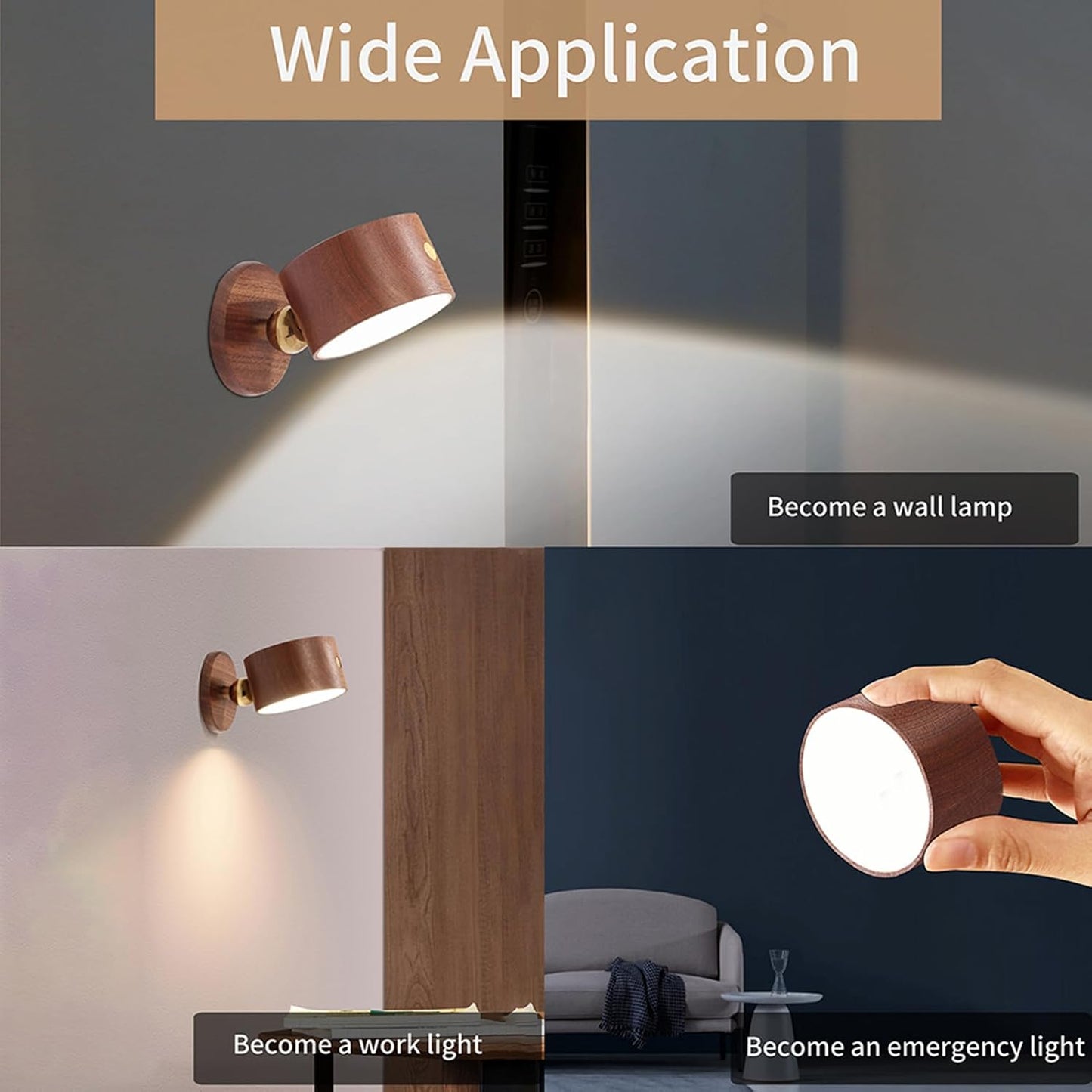 Wooden Wall Sconce 360° Rotatable Magnetic Stick on Bedside- Beech,1 PCS | Wall light self adhesive,dimmable touch control. USB-C port, minimalist style in hallways,closets,desk,reading,ambient