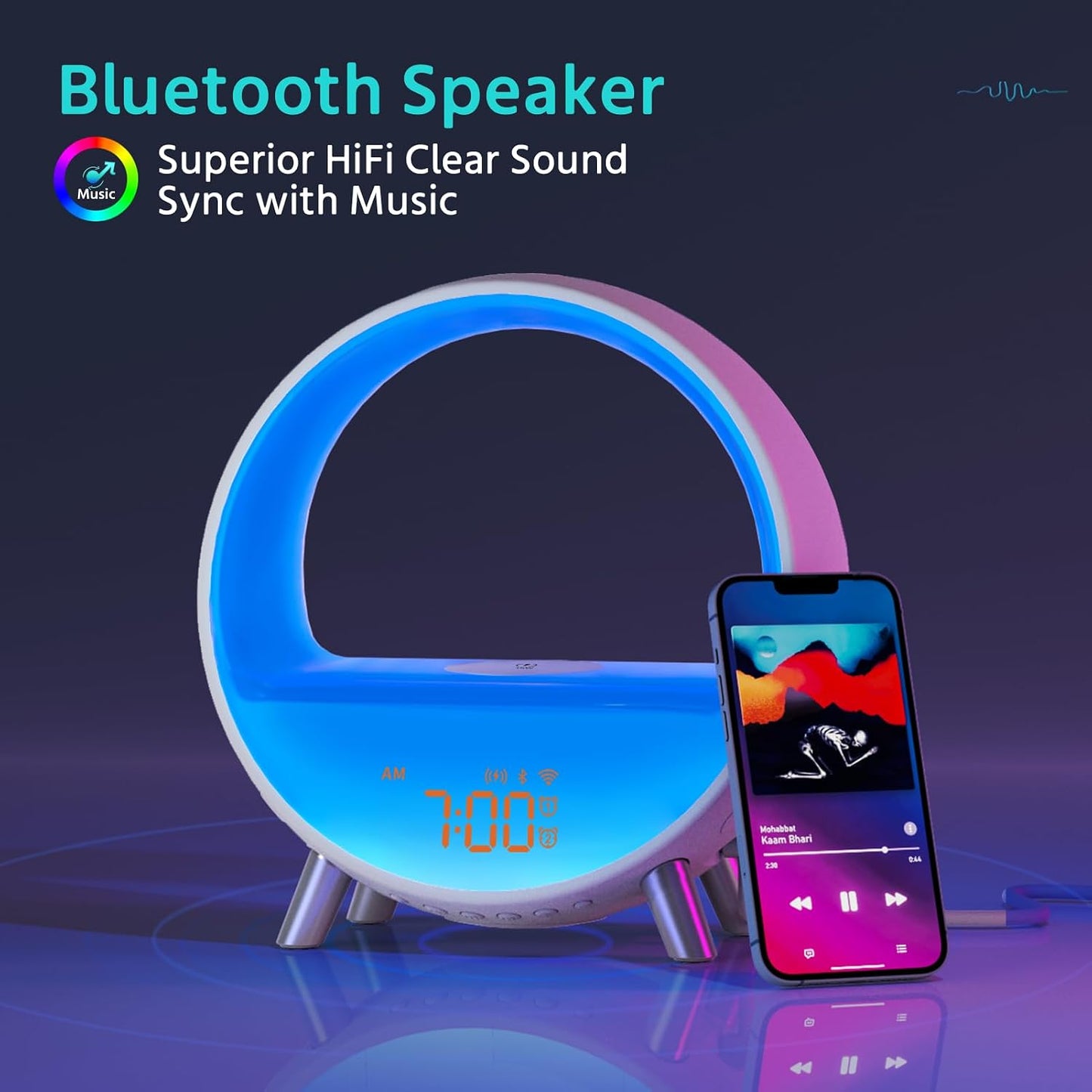 MOMILLA Smart Sunrise Alarm Clock with Wireless Charging Station, App Control Wake-Up Light & White Noise Sound Machine, Bluetooth Speaker, Compatible with Airpods/iPhone for Bedrooms & Heavy Sleepers | Bluetooth Speaker App Control,Wake-Up Light,White