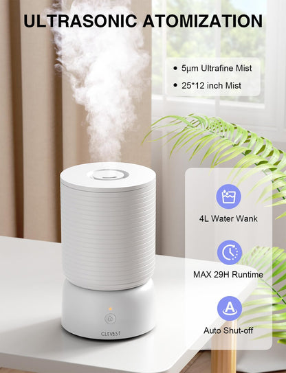 CLEVAST Humidifiers for Bedroom - Smart 1 Gal Cool Mist Top Fill Humidifier with Essential Oil Diffuser, Quiet Operation for Baby Nursery, Home, Office, Room
