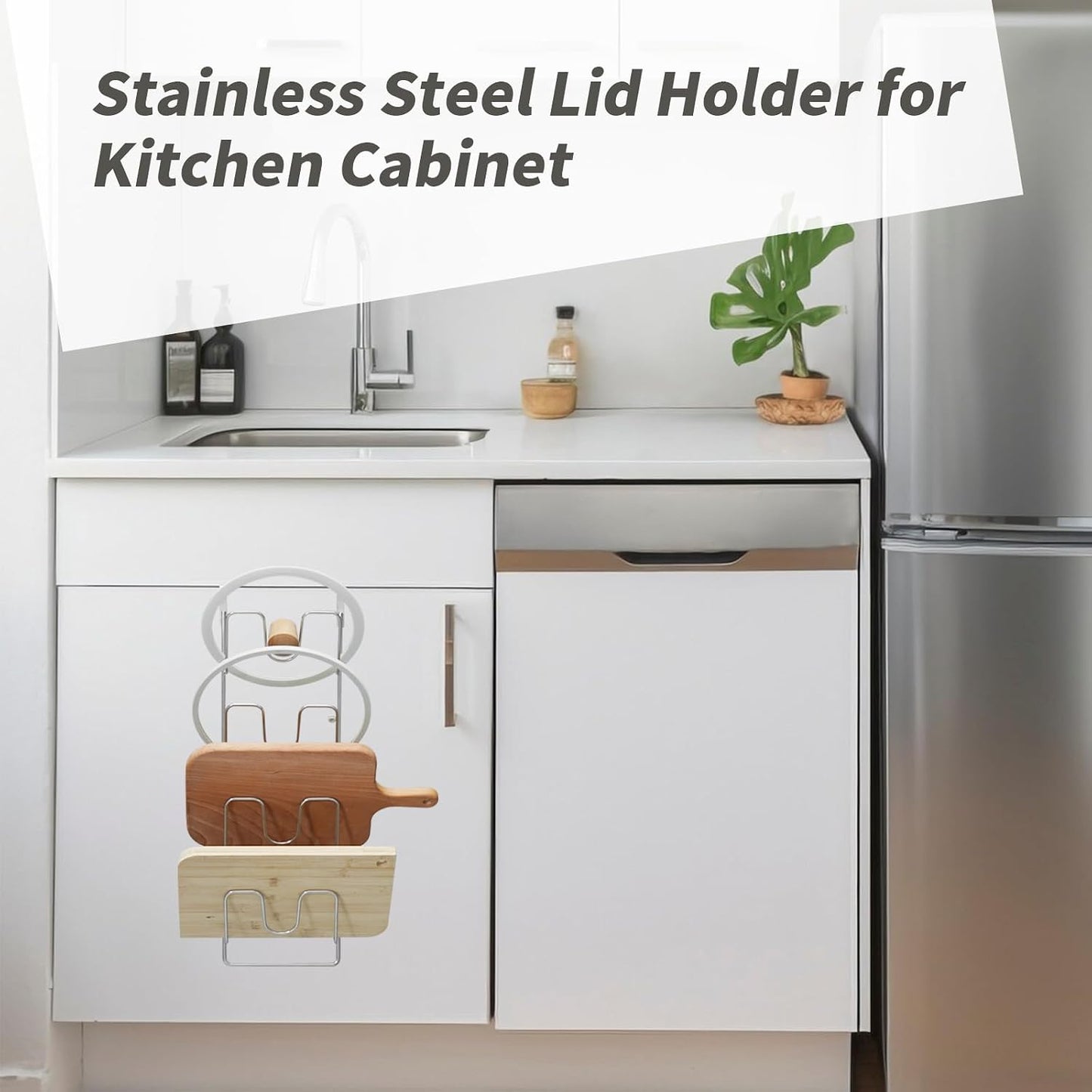 4 Tier Lid Organizer, Wall Mounted Pot Cover Rack, Lid Holder | No Drilling, Stainless Steel, Lid Holder for Kitchen Cabinet