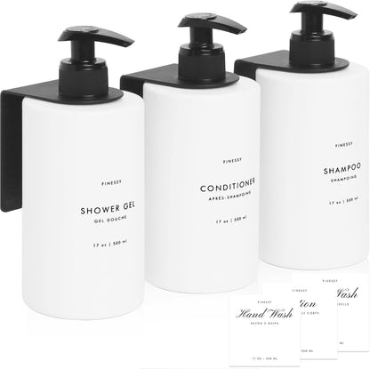 FINESSY Amber Shampoo and Conditioner Dispenser for Shower Wall No Drill | 3 Plastic 17oz Fillable Shower Bottles With Labels. Shower Shampoo Dispenser Wall Mounted. Airbnb Empty Soap Pump Bottles.
