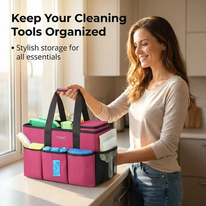 Ytonet Portable Cleaning Caddy with Handle, Water Resistant Cleaning Bag | with Handle & Foldable Divider for Cleaners, Housekeeping Tote for Kitchen & Bathroom, Car Tool Caddy Organizer Bag, Rosered