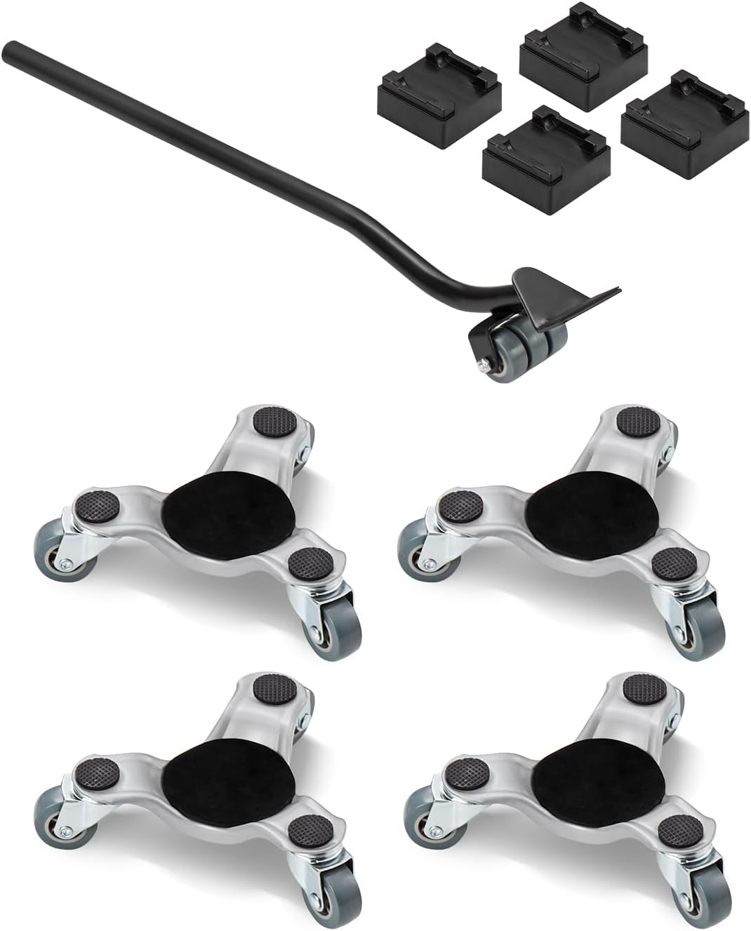 VEVOR Furniture Dolly, 4 Pack 6-Inch Steel Tri-Dolly with 360° PP Swivel Wheels and Non-Slip Cap, 3 Wheels Furniture Lift Mover Tool Set for Moving Heavy Furniture Refrigerator Sofa