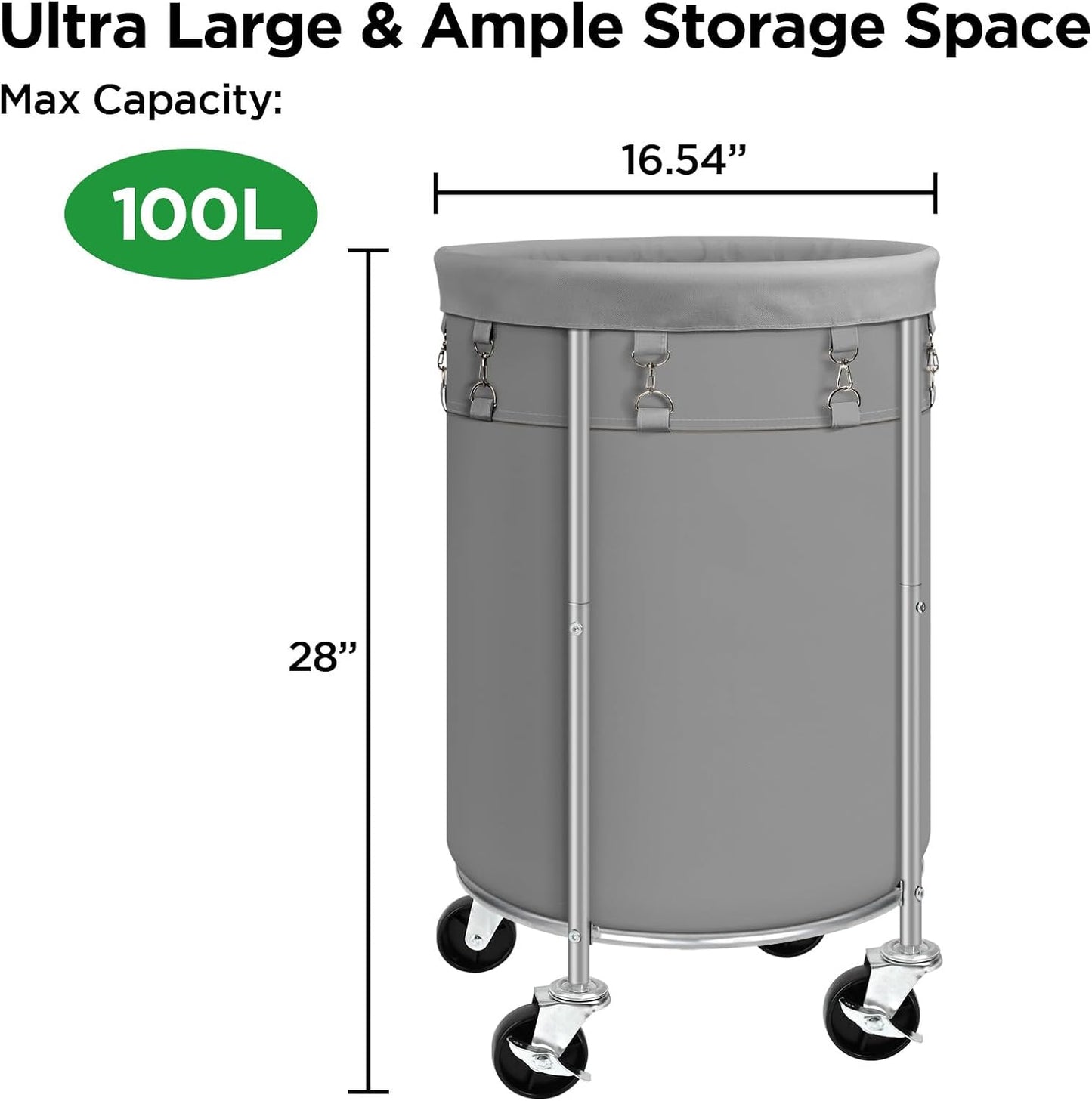 100L Round Rolling Laundry Hamper Basket with Wheels, Grey | Laundry Sorter Cart with Removable Bag, Clothes Organizer, Metal Frame, Bedroom, Bathroom, Laundry Room, Dorm Use