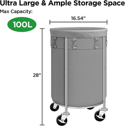 100L Round Rolling Laundry Hamper Basket with Wheels, Grey | Laundry Sorter Cart with Removable Bag, Clothes Organizer, Metal Frame, Bedroom, Bathroom, Laundry Room, Dorm Use