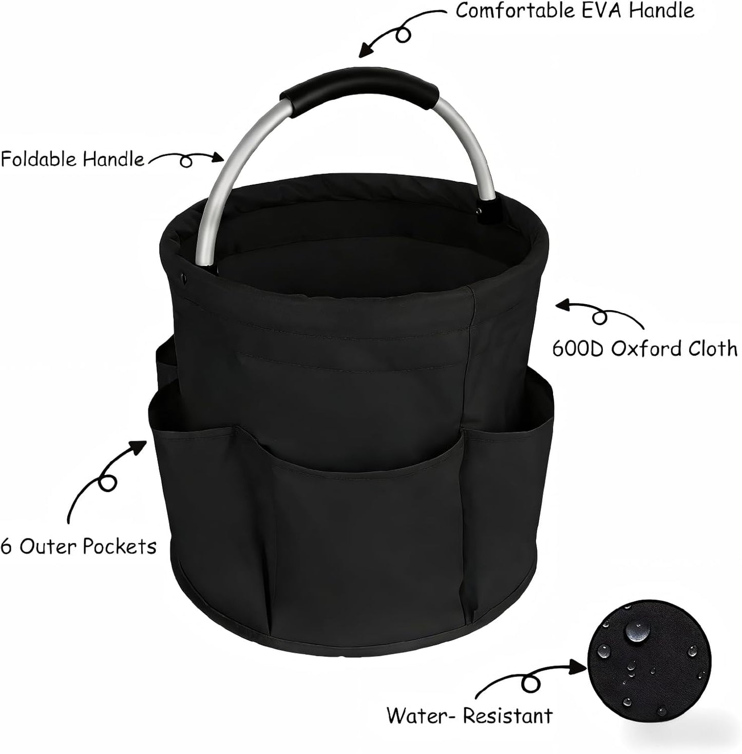 17L Cleaning Caddy with Handle, Portable Picnic Basket, Apple Picking Basket, Gift Basket, Collapsible Bathroom Storage Baskets for Dorm, Bathroom, Tool, Garden, Cleaning Supplies (Black)