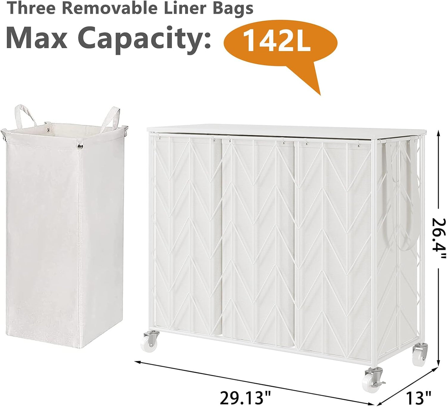 WOWLIVE Laundry Hamper 3 Section with Lid, 142L Laundry Basket with Wheels | Rolling Dirty Clothes Hamper with Removable Bags, Large Iron-Made Laundry Basket Organizer Laundry Sorter for Dorm, Beige