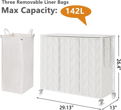 WOWLIVE Laundry Hamper 3 Section with Lid, 142L Laundry Basket with Wheels | Rolling Dirty Clothes Hamper with Removable Bags, Large Iron-Made Laundry Basket Organizer Laundry Sorter for Dorm, Beige