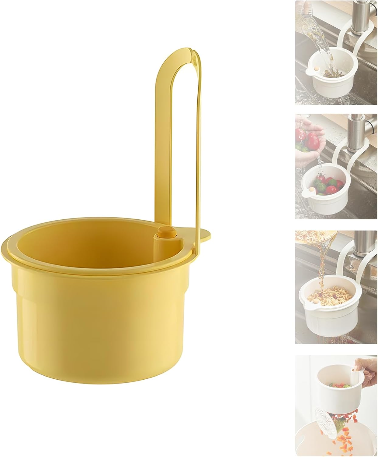 2025 New Faucet Hanging Strainer, Press Automatic Dumping Kitchen Draining Basket, Food Fruit Vegetable Drain Shelf Sink Storage Holder, for Home 、Kitchen (White)
