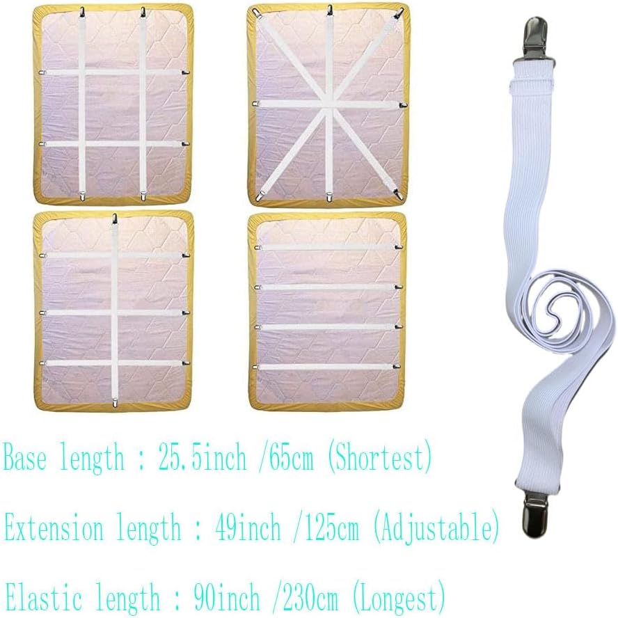 Sheet Straps for Queen Size Bed, Bed Sheet Clips Fasteners and Suspenders, Elastic 27 to 90 Inch Bed Sheet Holder Straps for King Twin Bed, Sofa Mattress Cover Tablecloth, 4Pcs (White)